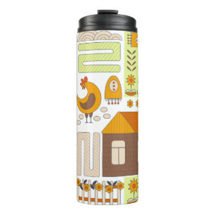 Termo Rooster y dos gallinas, huevos, flores, casa, cajó