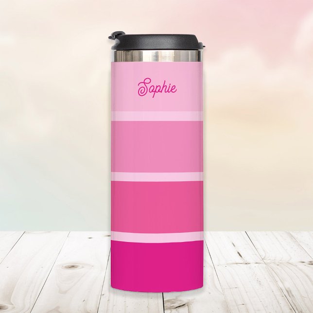 Termo Rosa caliente vibrante | Bandas de Ombre con guión (A stylish tumbler with vibrant pink ombre stripes)