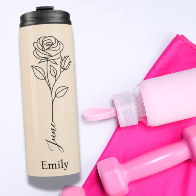 Termo Rosa de nombre personalizado de la dama de honor J (Bridesmaid Custom Name Rose June Birth Flower Thermal Tumbler)
