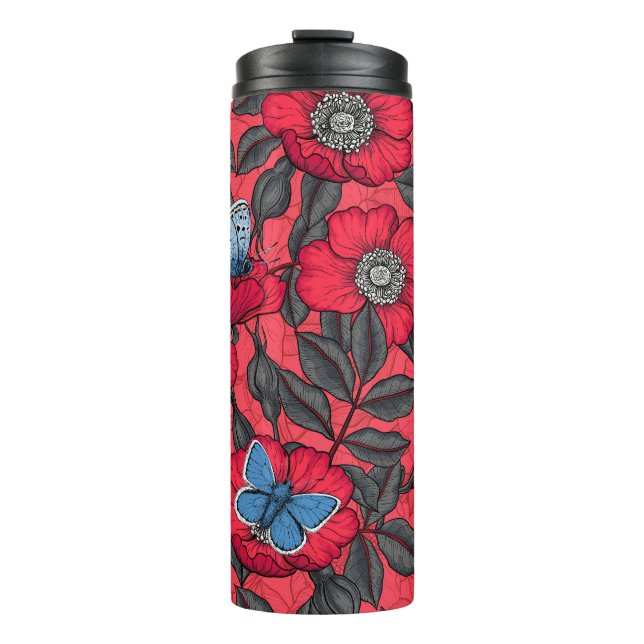 Termo Rosa de perro y mariposas en rojo y azul (Anverso)