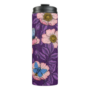 Termo Rosa de perro y mariposas en rosa y púrpura
