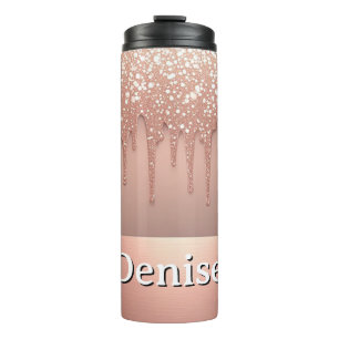 Termo Rosa Dorado Brillo Goteo Nombre Personalizado