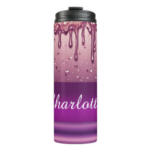 Termo Rosa Dorado Brillo Goteo Nombre Personalizado