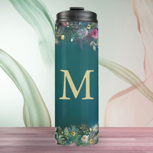 Termo Rosa forestal encantado vegetación Moda de bosques (enchanted forest water bottle monogram wild roses wildflower floral emerald gold woodland fairy )