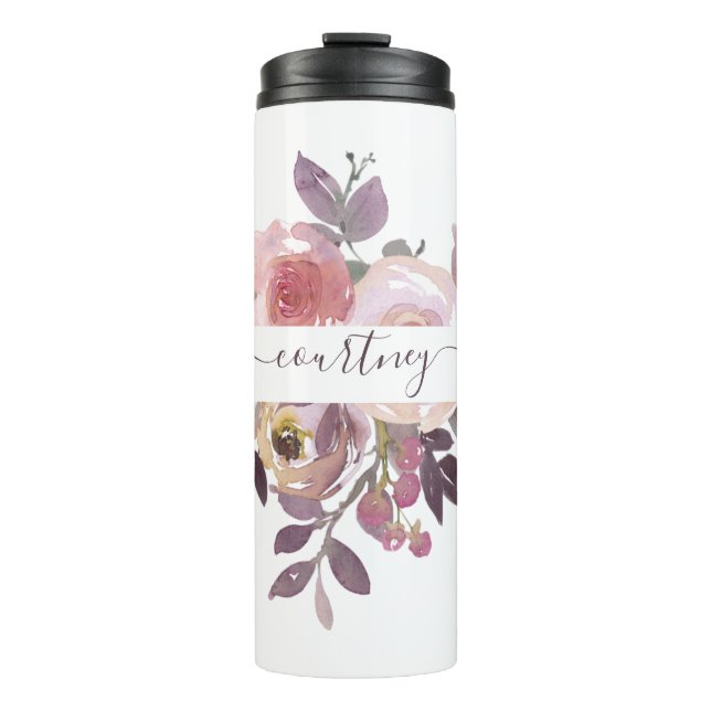 Termo Rosa pastel y floral personalizado morado   (Anverso)