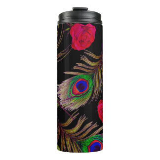 Termo Rosas acuarelas, plumas de pavo real, decorativo.