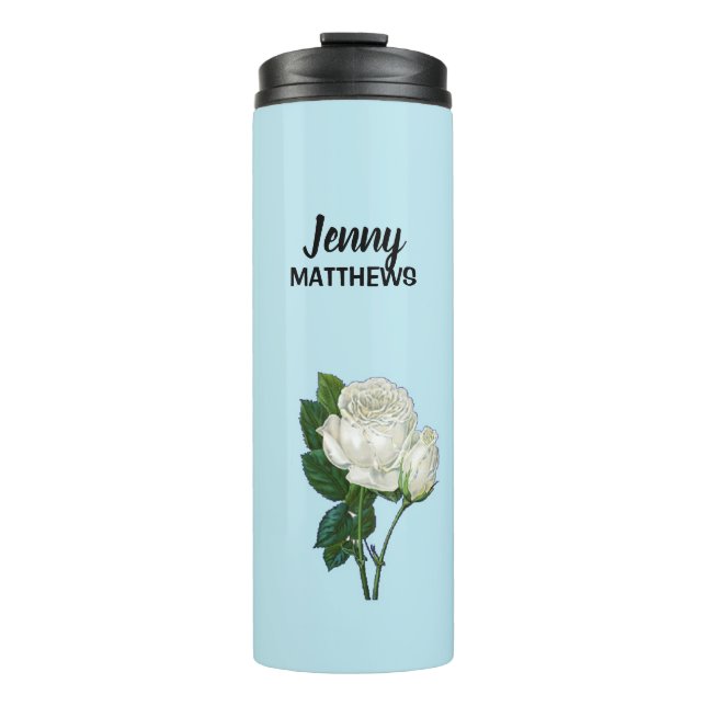 Termo Rosas blancas vintage nombre personalizado en azul (Anverso)