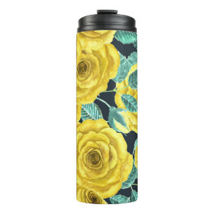 Termo Rosas de acuarela amarilla con hojas y brotes