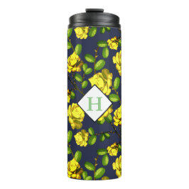 Termo Rosas de primavera amarilla y marina con inicial