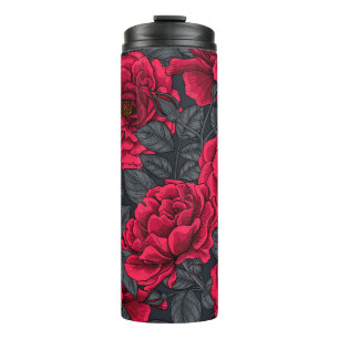 Termo Rosas rojas con hojas grises en negro