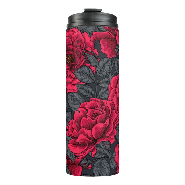 Termo Rosas rojas con hojas grises en negro (Anverso)
