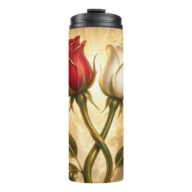 Termo Rosas rojas y blancas entrelazadas. (Anverso)