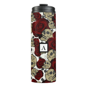 Termo Rosas Rojas y Calaveras Floral Negro Gótico Blanco