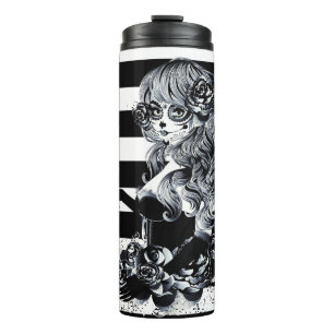 Termo Rosas Rojas y Calaveras Gris Negro Floral Gótico