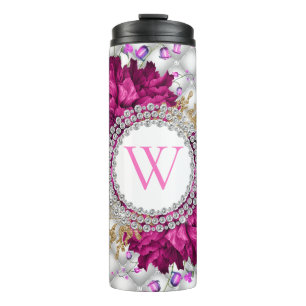 Termo Rosas Rosa Burdeos Diamantes Monograma Elegante