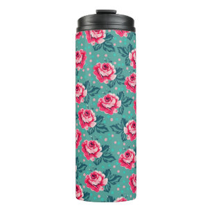 Termo Rosas rosadas bonitas y patrón de lunares en azul