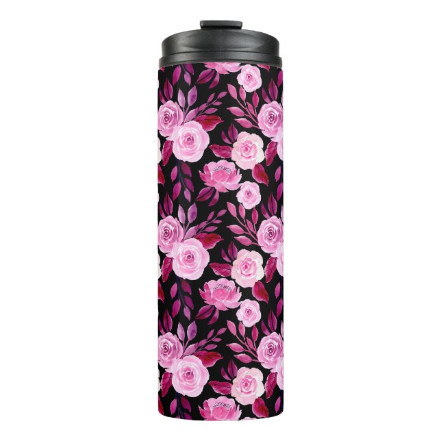 Termo Roses rosadas románticas Vintage floral negro (Anverso)