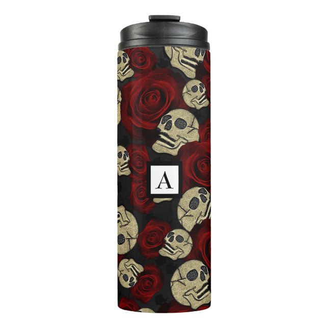Termo Roses y cráneos rojos Gris Floral Negra Gótica (Anverso)