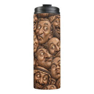 Termo Rostros de Madera Tallada Patrón Boho Vintage