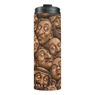 Termo Rostros de Madera Tallada Patrón Boho Vintage