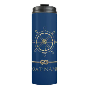 Termo Rueda de barco en oro náutico, azul marino 