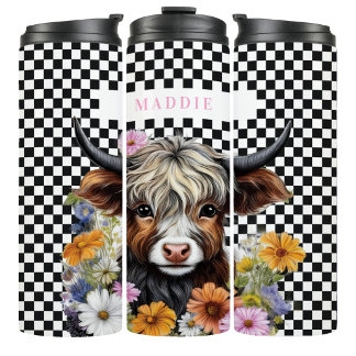 Termo Rustic Highland Cow Floral Checkered Tumbler Mug
