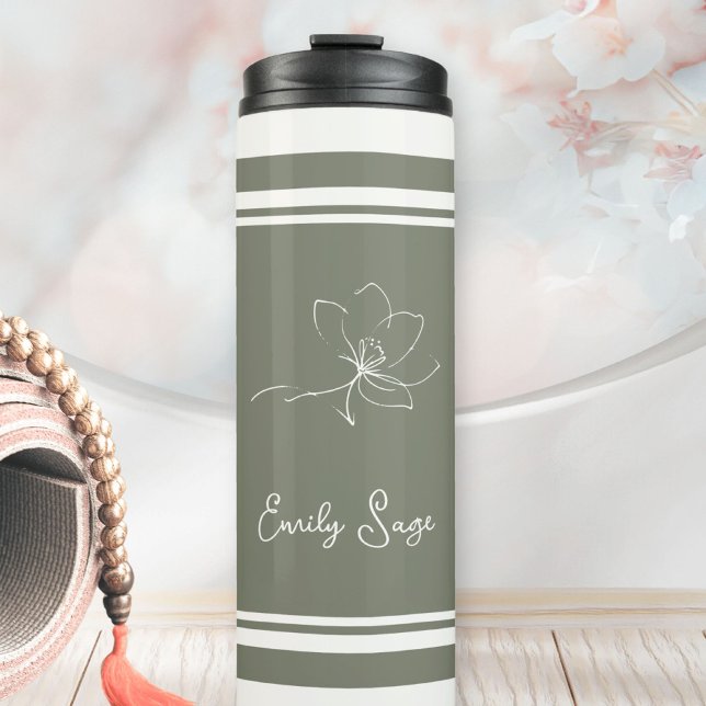 Termo Sage Green Ivory Floral Line Art Striped (Minimalist Floral Line Art Zen Sage Green Ivory Thermal Tumbler ©Susanne Sachers - Sunny Wanderlust )