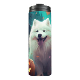 Termo Samoyed de Halloween con calabazas espeluznante