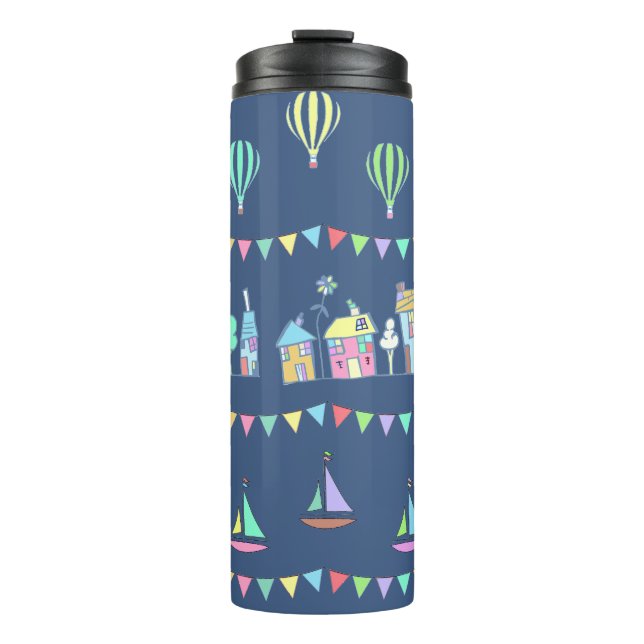 Termo Seaside Town Sail Boats and Bunting Pattern Blue (Anverso)