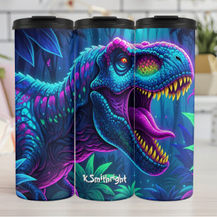 Termo Selva de dinosaurios de neón vibrante rugido