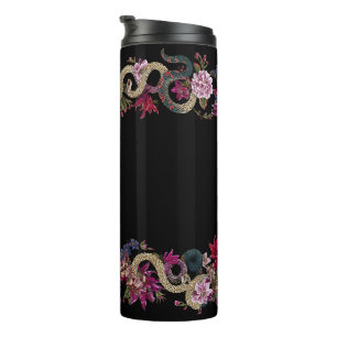 Termo Serpiente floral estilo tatuaje japonés