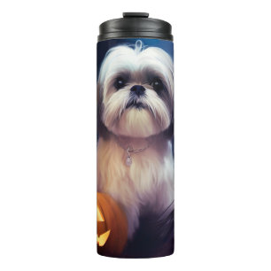 Termo Shih Tzu de Halloween con calabazas aterradoras