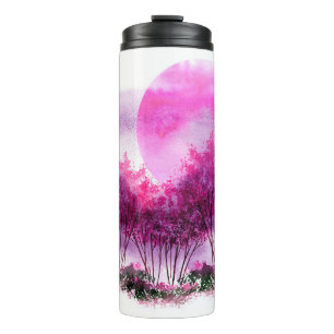 Termo silueta rosa y púrpura de árboles en el fondo