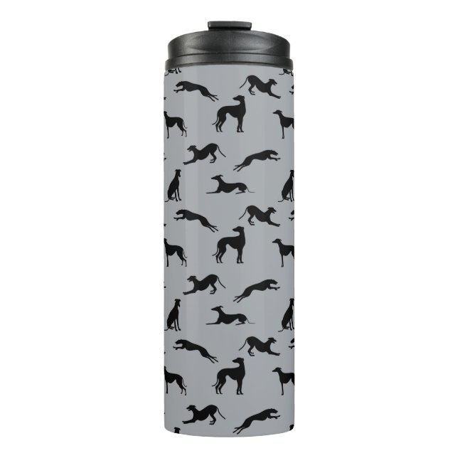 Termo Siluetas de Greyhound negras en gris (Anverso)
