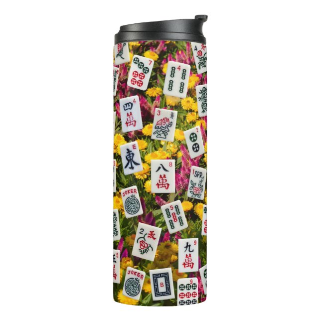 Termo Símbolos de Mahjong en fondo de flores silvestres (Rotado hacia la izquierda)