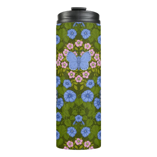 Termo Simetría de mariposas y flores, azul y rosa (Anverso)