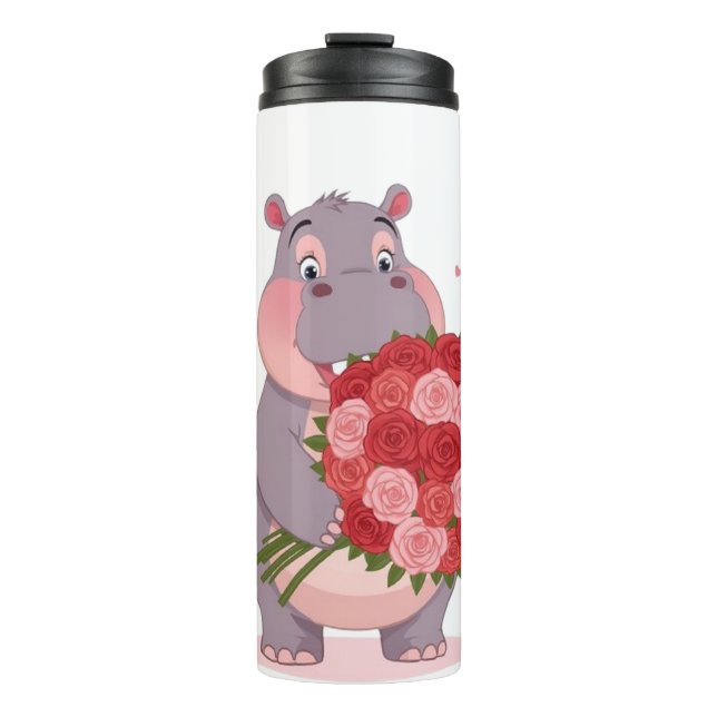 Termo Smiling cartoon hippo holding a huge bouquet (Anverso)
