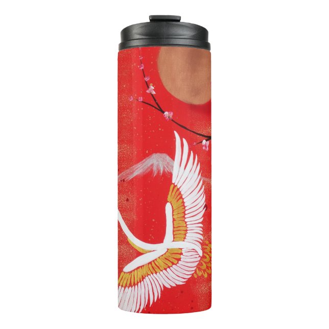 Termo Sol de grulla japonesa pintura roja sakura (Anverso)