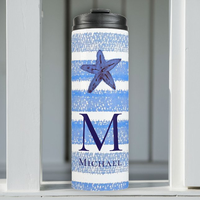 Termo Starfish Monograma Playa Banda Náutica (boy tumbler personalized monogram starfish sea blue stripes nautical ocean grandchild baby gift)