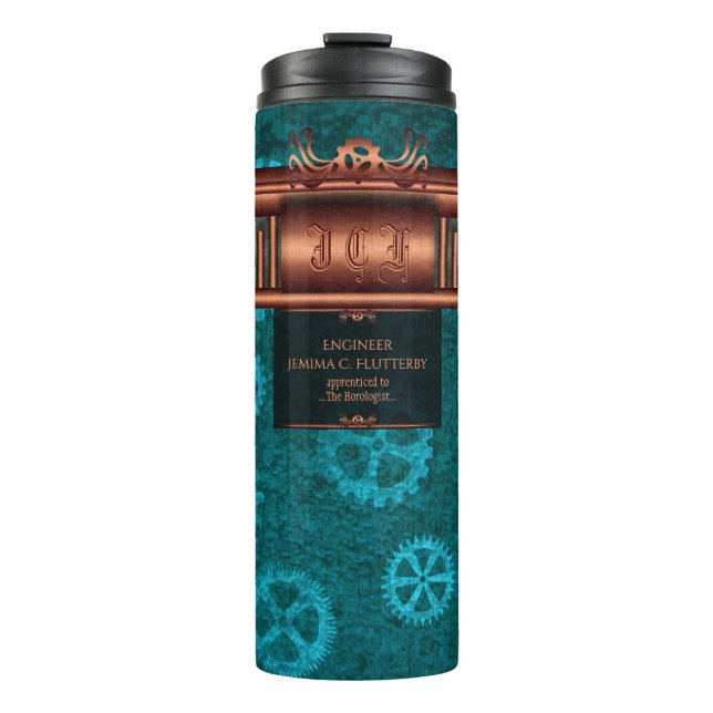 Termo Steampunk, cobre sobre ruedas cognoscitivas verde  (Anverso)