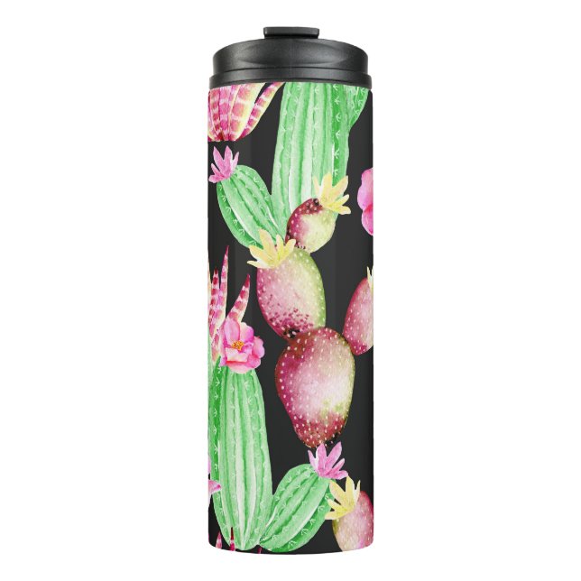 Termo Suculentos acuarelas: patrón cactus floral. (Anverso)