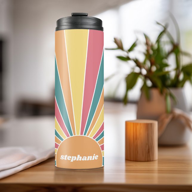 Termo Sunrise de rayas retro - nombre de guión de arcoir (Personalized Thermal Tumbler - Add Photos, Text - Customize Completely in the Advanced Design Area)