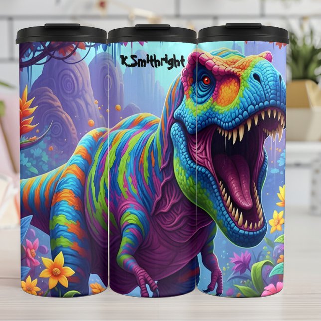 Termo T-Rex a rayas de arcoíris rugiendo en la selva (Subido por el creador)