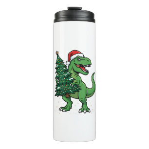 Termo T-Rex de Navidad llevando árbol de Navidad