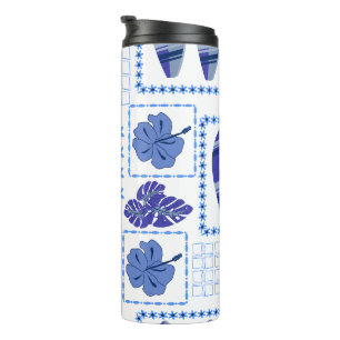 Termo Tabla de surf tropical azul patrón de hibisco