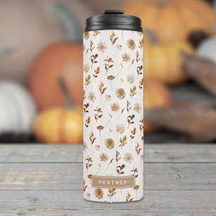 Termo Taupe Brown Fall Watercolor Botánico Monogramado