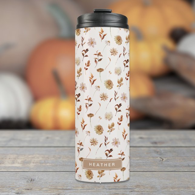 Termo Taupe Brown Fall Watercolor Botánico Monogramado (Taupe Brown Fall Watercolor Botanical Monogrammed Thermal Tumbler
)