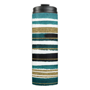 Termo Taza con rayas de purpurina verdes y doradas