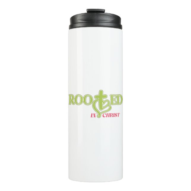 Termo Taza con Versículo Bíblico Enraizada en Cristo (Anverso)