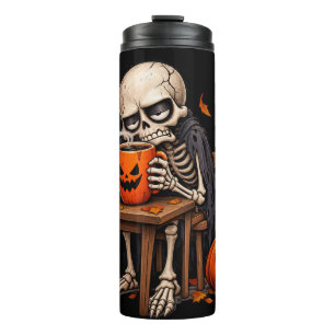 Termo Taza de Halloween de esqueleto bebiendo calabaza